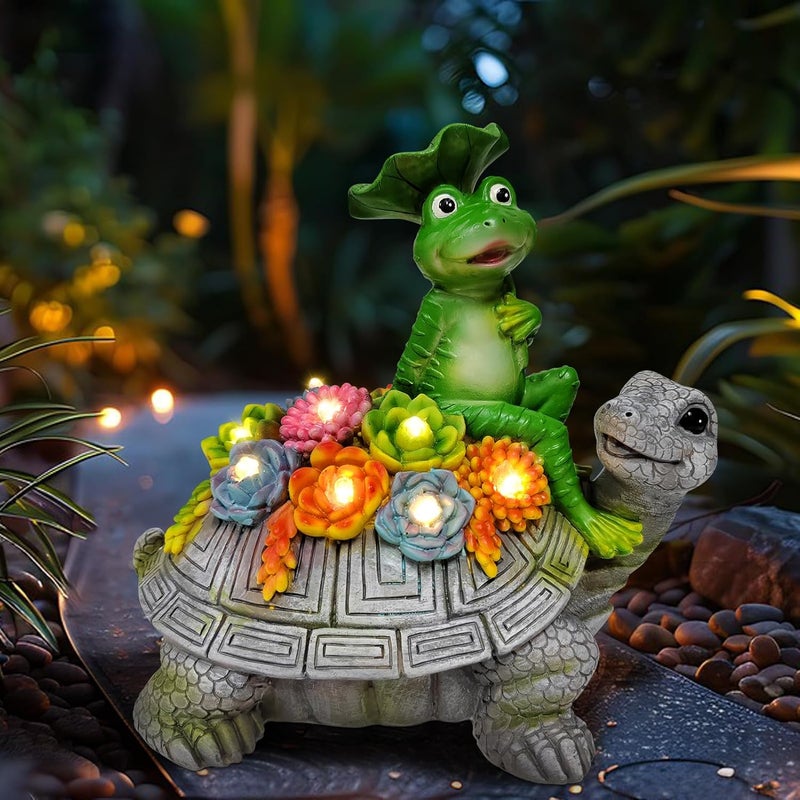 ILLUMINEW Solar Garden Outdoor Statues Turtle& Frog with Succulent and 8 LED Lights, Turtle Carrying Lotus Leaf Frog Figurines, Lawn Decorations for Patio Yard Gifts for Mom Grandma Housewarming - Image 1